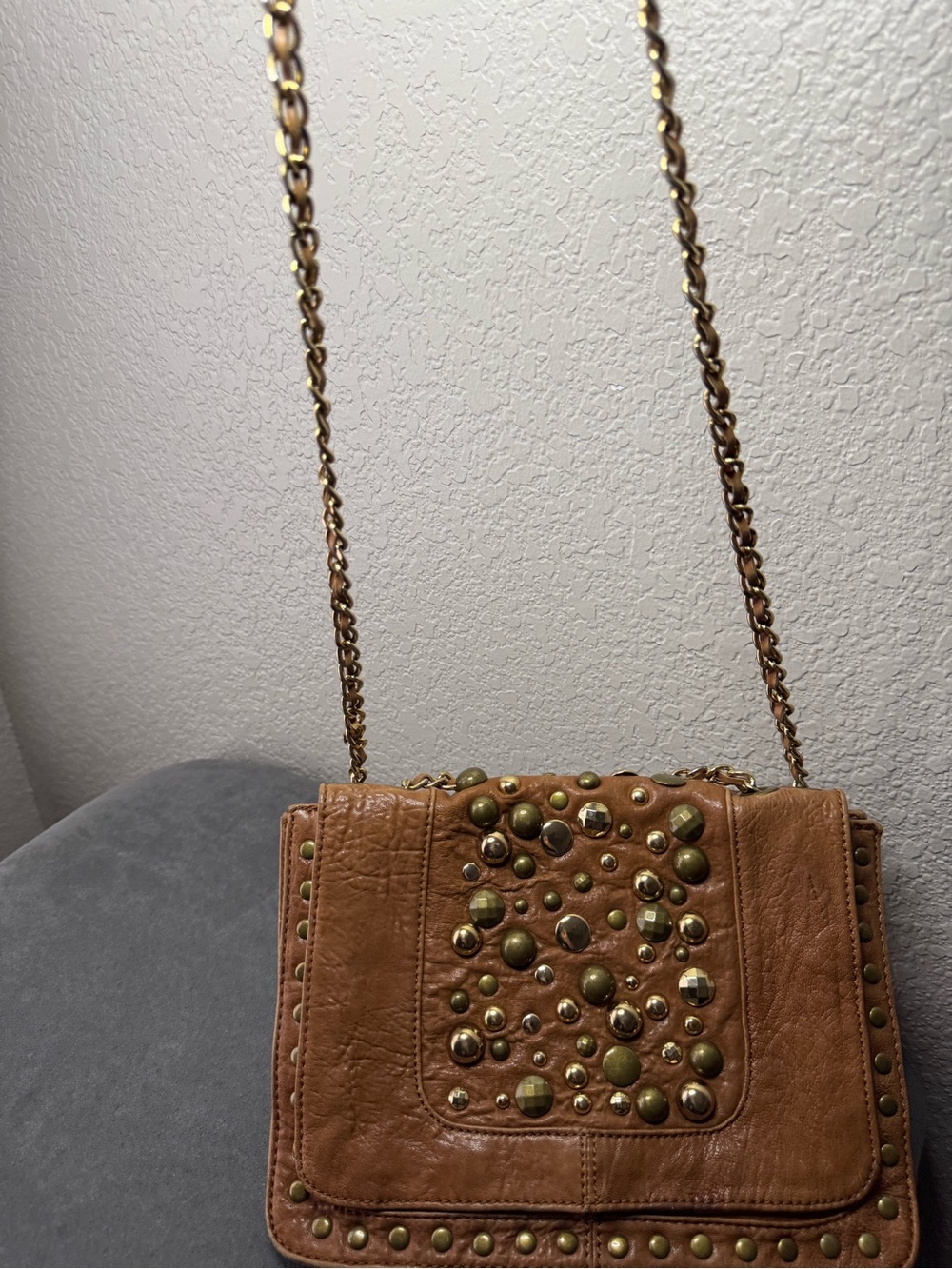 Hype Studded Brown Crossbody Shoulder Bag Chain Strap Festival Purse - Picture 3 of 16